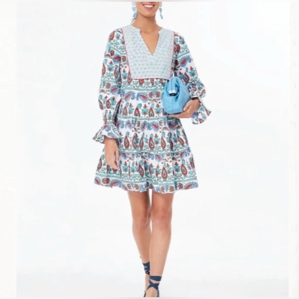 Tuckernuck Paisley Tiered Mini Dress in Light Blue, White & Rust